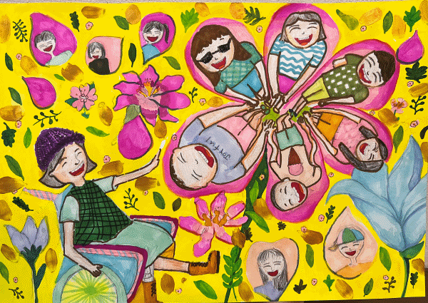 이 그림은 휠체어를 탄 중년 여성과 그 배경을 꽃이 가득 둘러싸고 있다. 그 중, 몇몇 꽃잎에는 웃고 있는 사람의 모습이 그려져있다. 특히, 가장 큰 꽃에는 6개의 잎에 다들 손을 모으고 행복한 미소로 사람들이 각각 잎마다 있다.